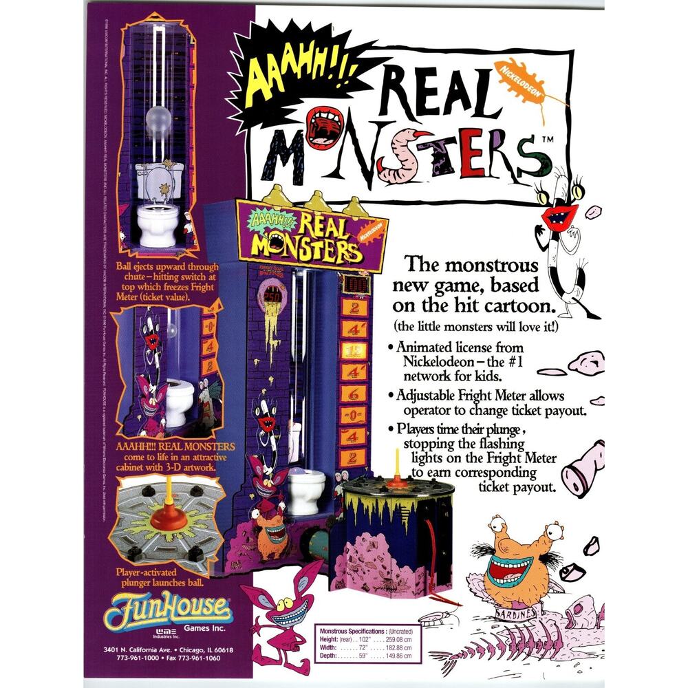 REAL MONSTERS Arcade Game Flyer 1992 Original Vintage Retro 8.5" x 11" Promo